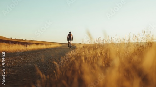 A lone cyclist rides down a dirt road through a field of tall grass at sunset.