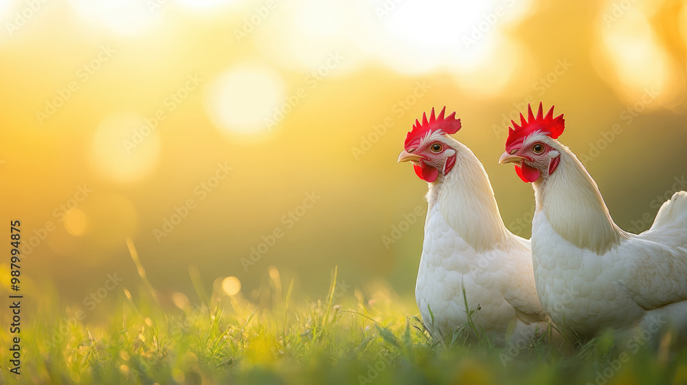 Fototapeta premium A white chicken with a red beak stands in a field of grass. The sun is setting in the background, casting a warm glow over the scene