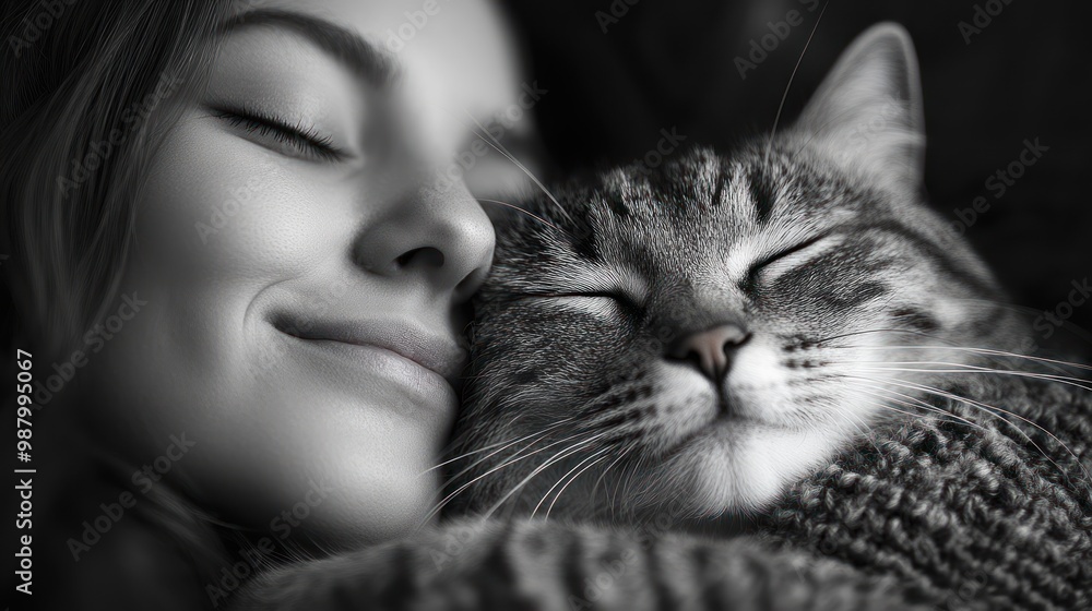 A woman and a cat cuddling in a warm, affectionate moment. A woman and a cat cuddling in a warm, affectionate moment.