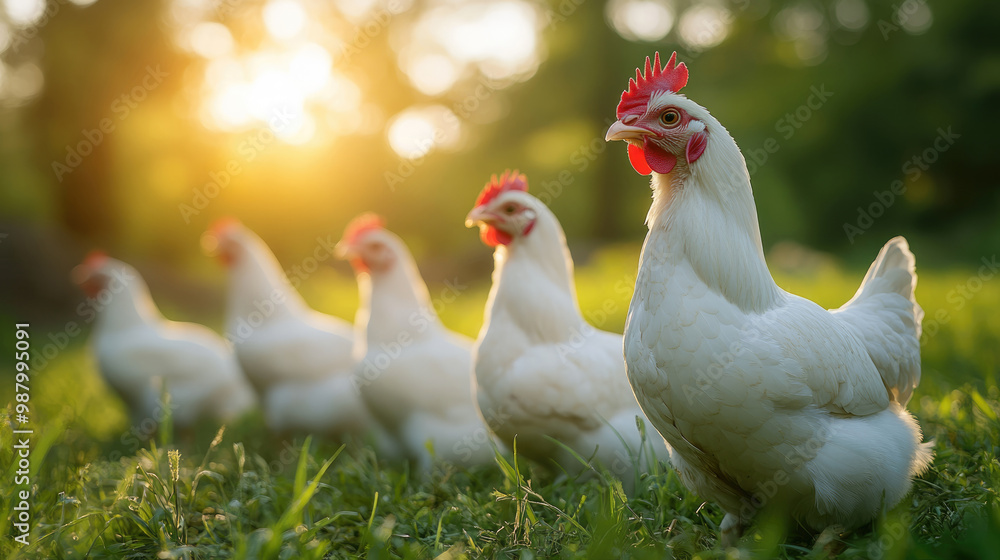 A white chicken with a red beak stands in a field of grass. The sun is setting in the background, casting a warm glow over the scene A white chicken with a red beak stands in a field of grass. The sun is setting in the background, casting a warm glow over the scene