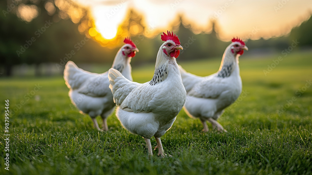 Fototapeta premium A white chicken with a red beak stands in a field of grass. The sun is setting in the background, casting a warm glow over the scene