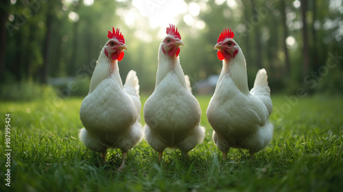 A white chicken with a red beak stands in a field of grass. The sun is setting in the background, casting a warm glow over the scene