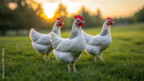 A white chicken with a red beak stands in a field of grass. The sun is setting in the background, casting a warm glow over the scene