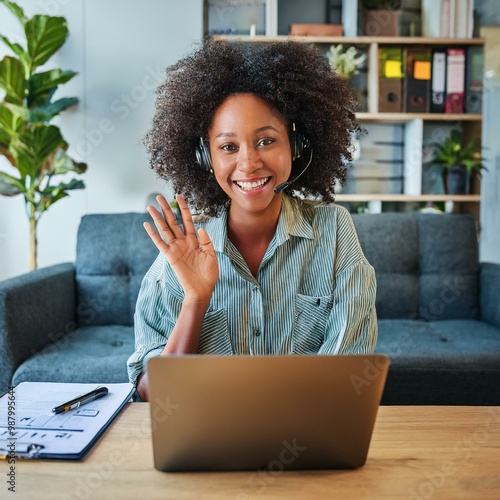 Happy african American woman working remotely on a virtual video team meeting call, remote work and flexible culture concept. Inclusive and diverse workplace. DEI remote working. AI
