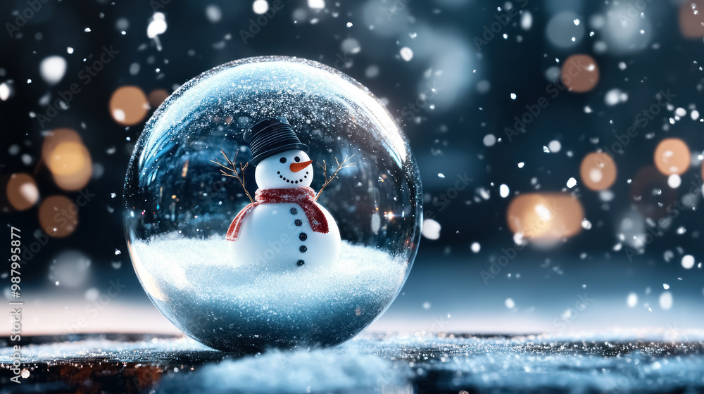 snowman in snow globe under starry night sky, festive winter scene snowman in snow globe under starry night sky, festive winter scene