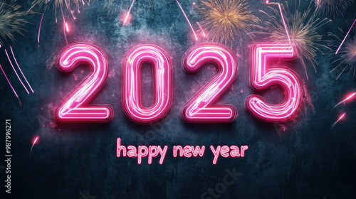 2025 neon signs and fireworks for new year on dark background