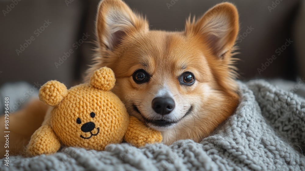 A cozy dog snuggles with a knitted bear toy on a blanket. A cozy dog snuggles with a knitted bear toy on a blanket.