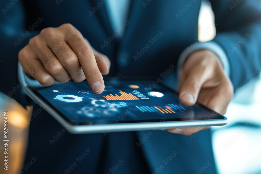 A business leader holding digital tablet, analyzing data with focus and determination. A business leader holding digital tablet, analyzing data with focus and determination.