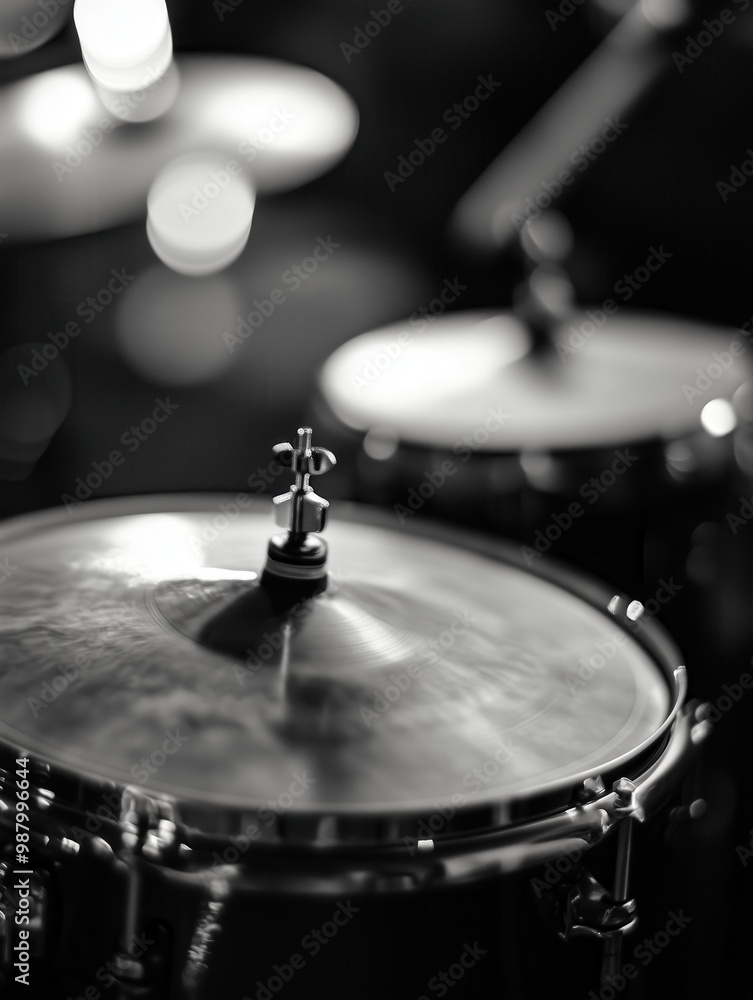 Obraz premium Close-up of a drum set in black and white, highlighting cymbals and drum heads in soft lighting.