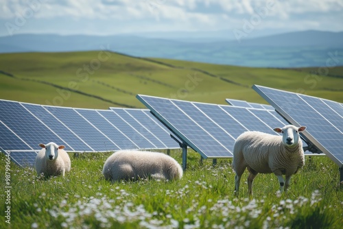 Sheep grazing among solar panels in a vast, green meadow under a cloudy sky, showcasing renewable energy.