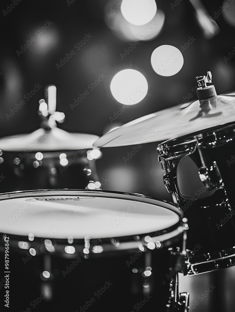 Obraz premium Black and white close-up of drum set with blurred bokeh lights in the background.
