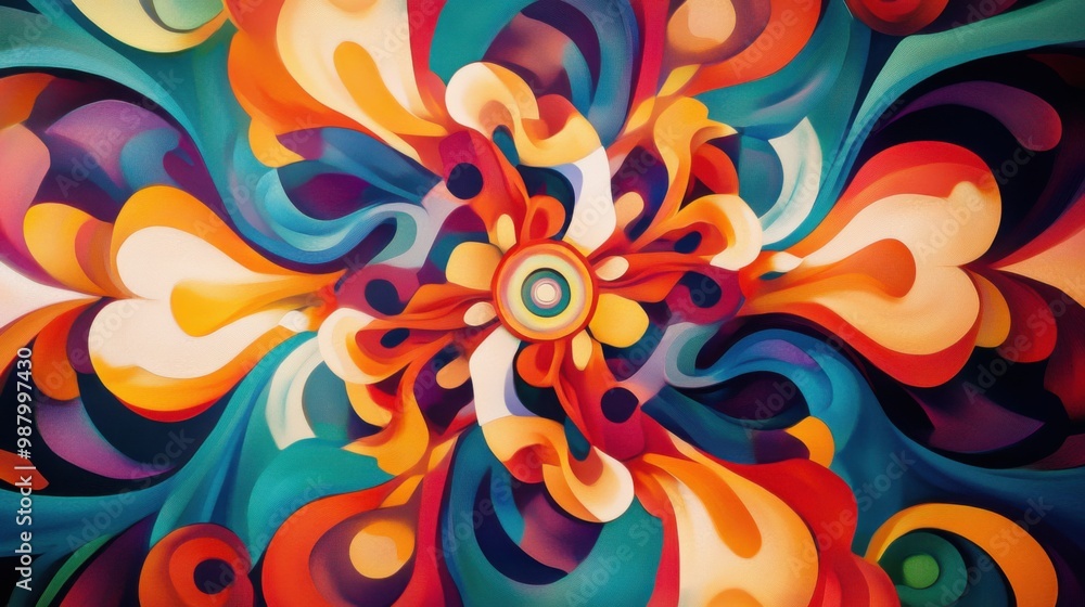 A rotating mandala of bright, swirling patterns, with vibrant colors creating a sense of continuous flow and symmetry in an abstract design A rotating mandala of bright, swirling patterns, with vibrant colors creating a sense of continuous flow and symmetry in an abstract design