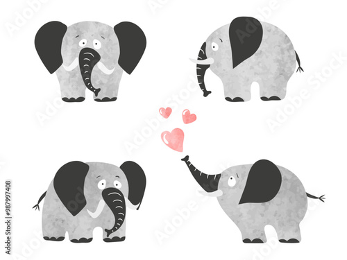 Set of funny elephants. Vector cute watercolor animals illustration