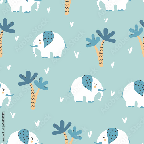 Seamless childish pattern with cute elephants and palm trees