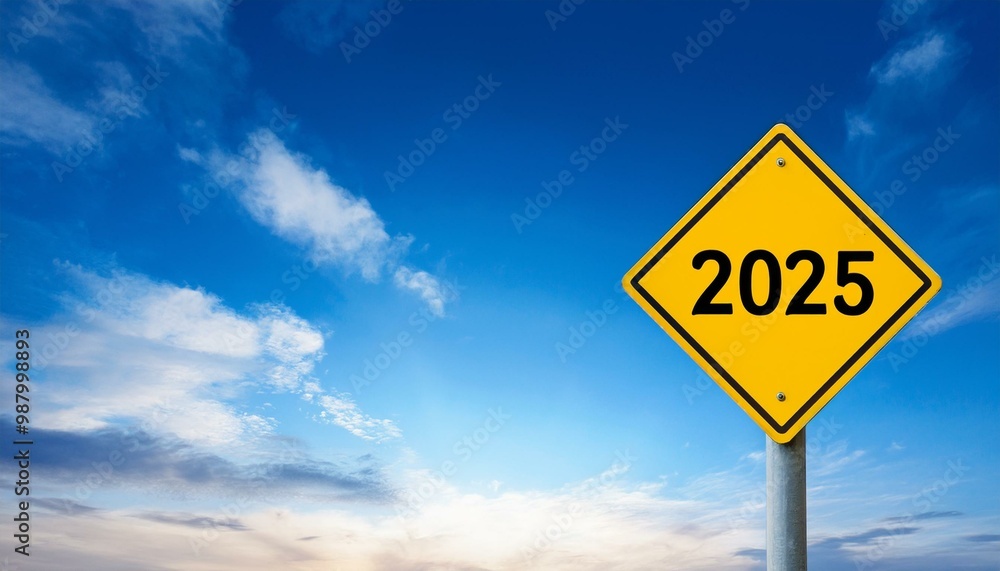 Text 2025 on yellow sign against blue sky Text 2025 on yellow sign against blue sky