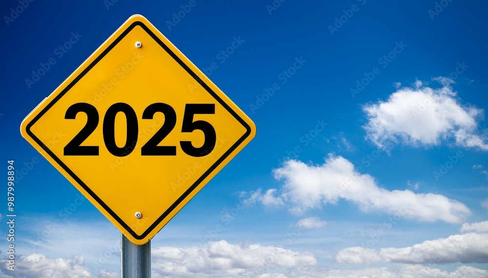 Text 2025 on yellow sign against blue sky Text 2025 on yellow sign against blue sky