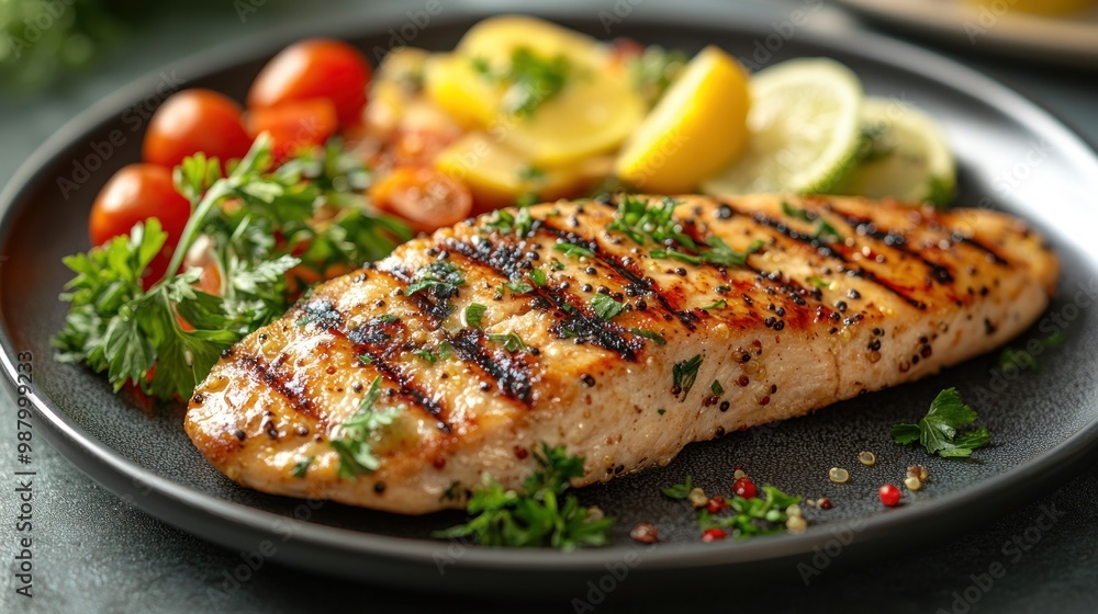 Grilled salmon fillet served with vegetables and lemon slices. Grilled salmon fillet served with vegetables and lemon slices.