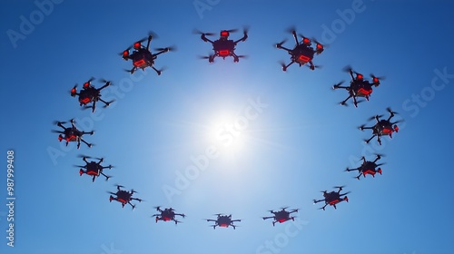 A ring of drones moving in sync, creating dynamic shapes and patterns mid-air, the tech demonstration showcasing precise coordination and cutting-edge technology