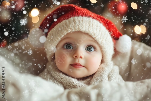 Cute baby with blue eyes wearing a Santa hat and wrapped in a cozy blanket with snowflakes falling.