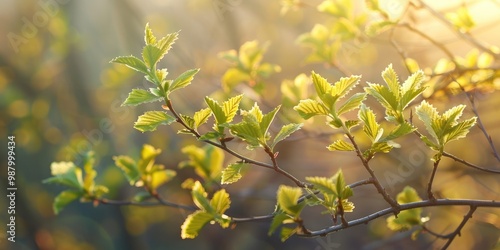 Spring sunlight highlights the top of the unique hornbeam, recognized for its jagged foliage, dense canopy, and the grayish bark of its younger specimens. photo