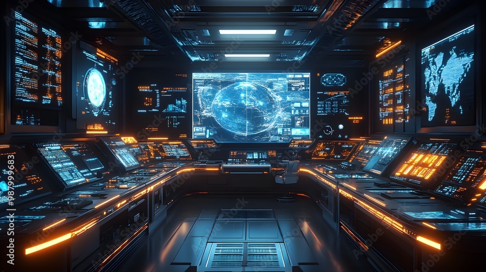 A sci-fi control center with floating holographic screens showing detailed 3D models of cities, weather systems, and live global statistics, surrounded by blinking lights and advanced consoles A sci-fi control center with floating holographic screens showing detailed 3D models of cities, weather systems, and live global statistics, surrounded by blinking lights and advanced consoles