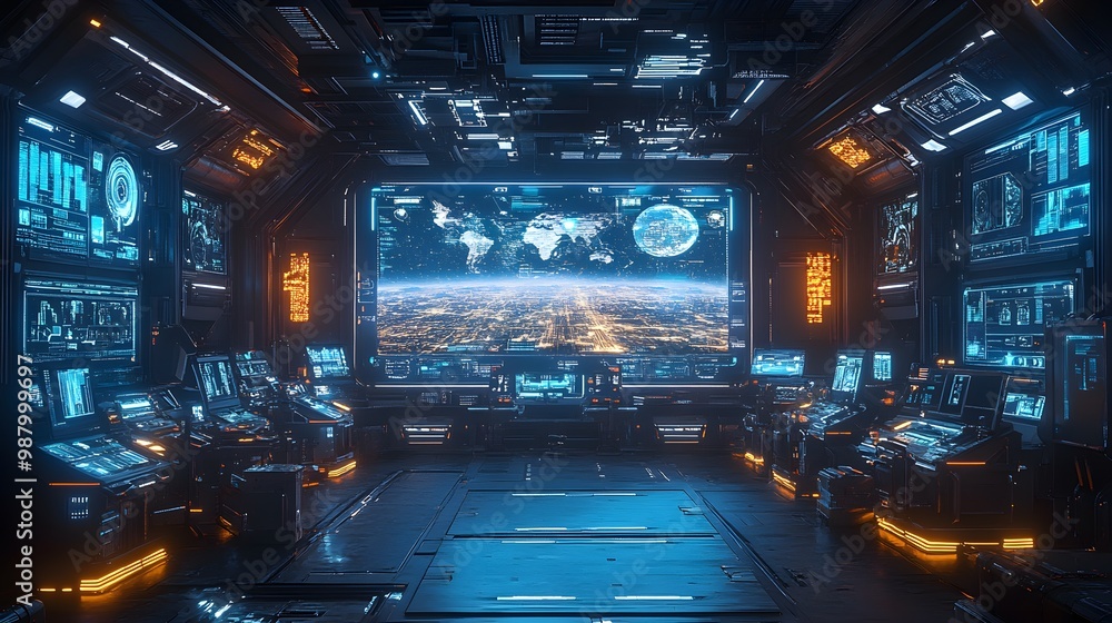 A sci-fi control center with floating holographic screens showing detailed 3D models of cities, weather systems, and live global statistics, surrounded by blinking lights and advanced consoles A sci-fi control center with floating holographic screens showing detailed 3D models of cities, weather systems, and live global statistics, surrounded by blinking lights and advanced consoles