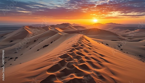 serene panorama of stunning desert sand dunes under a vibrant sunset sky photo