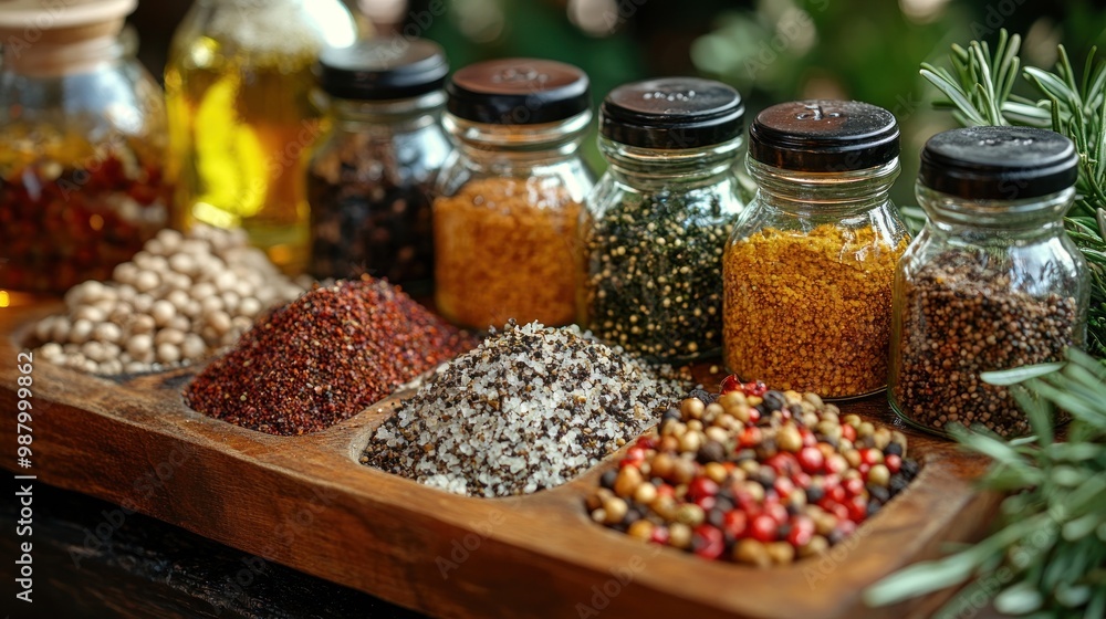 A display of various spices and oils in glass containers. A display of various spices and oils in glass containers.