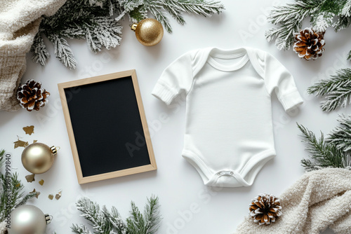 White baby onesie surrounded by winter decor, pinecones, and a chalkboard or black letter board