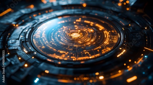 A spaceship's command center in circular formation, crew navigating the cosmos via holographic projections, star maps and data orbiting around them in glowing detail