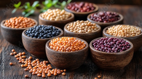 A variety of colorful legumes displayed in wooden bowls.