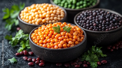 Colorful bowls of legumes arranged with fresh herbs.