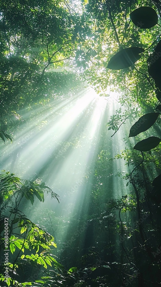 Obraz premium Sunlight penetrates through the dense foliage of a lush green forest, creating dramatic sunbeams that illuminate the verdant undergrowth. The interplay of light and shadow adds depth and texture to th