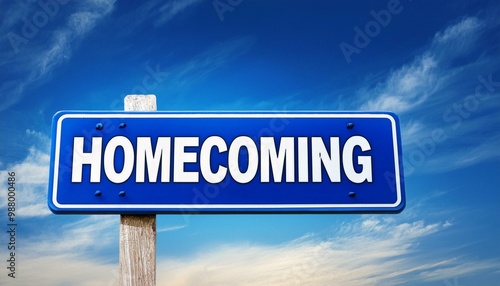 Text Homecoming on blue sign against blue sky