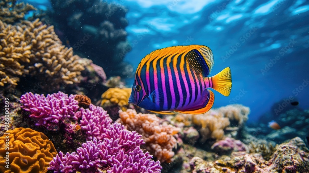A vibrant underwater scene featuring a colorful fish swimming among coral reefs. A vibrant underwater scene featuring a colorful fish swimming among coral reefs.