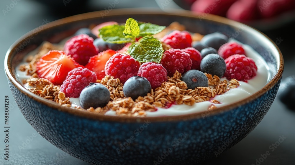 A colorful bowl of yogurt topped with berries and granola. A colorful bowl of yogurt topped with berries and granola.