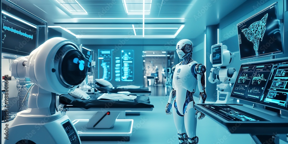 State-of-the-art futuristic hospital with the latest technology machines and robots that operate and assist the doctors with AI. State-of-the-art futuristic hospital with the latest technology machines and robots that operate and assist the doctors with AI.