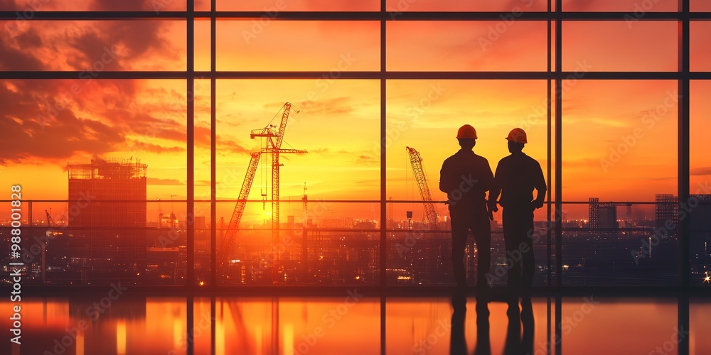 Silhouette of Engineer and worker on building site, construction site at sunset in evening time. Silhouette of Engineer and worker on building site, construction site at sunset in evening time.