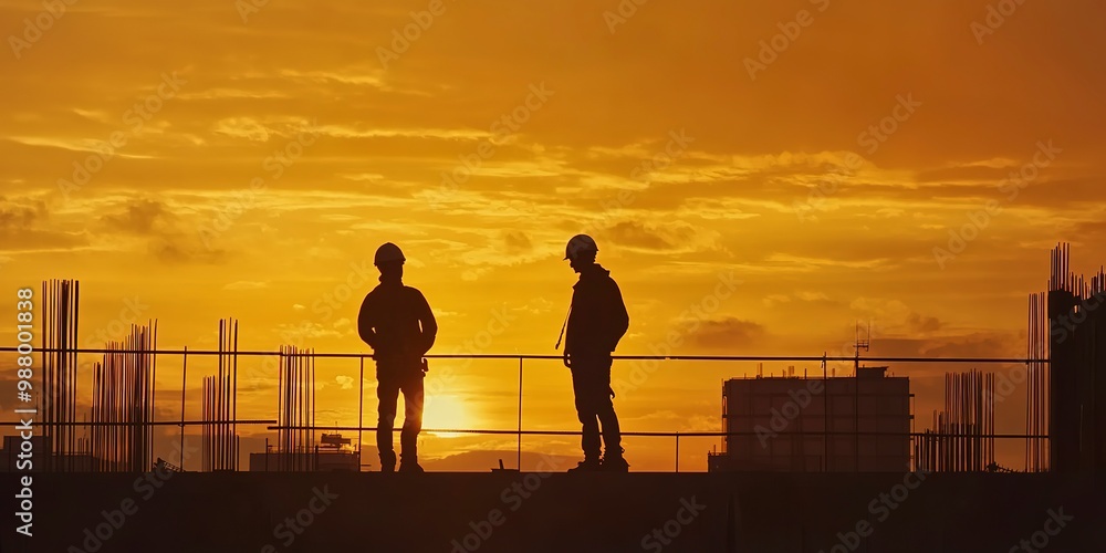 Obraz premium Silhouette of Engineer and worker on building site, construction site at sunset in evening time. 
