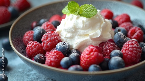 A bowl of fresh berries topped with whipped cream and mint.