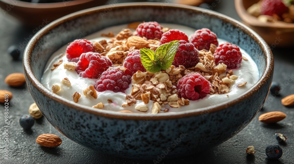 A bowl of yogurt topped with raspberries, granola, and mint. A bowl of yogurt topped with raspberries, granola, and mint.