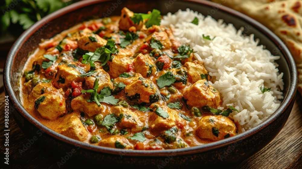 A bowl of creamy curry with rice and naan, garnished with herbs. A bowl of creamy curry with rice and naan, garnished with herbs.
