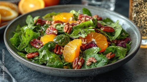 Fresh spinach salad with oranges and pecans in a bowl.