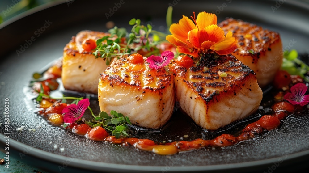 Gourmet dish featuring seared fish with vibrant garnishes. Gourmet dish featuring seared fish with vibrant garnishes.