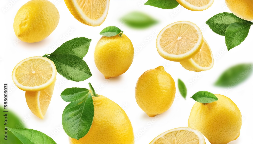 Flying juicy lemon slices with leaves isolated on a white background Flying juicy lemon slices with leaves isolated on a white background