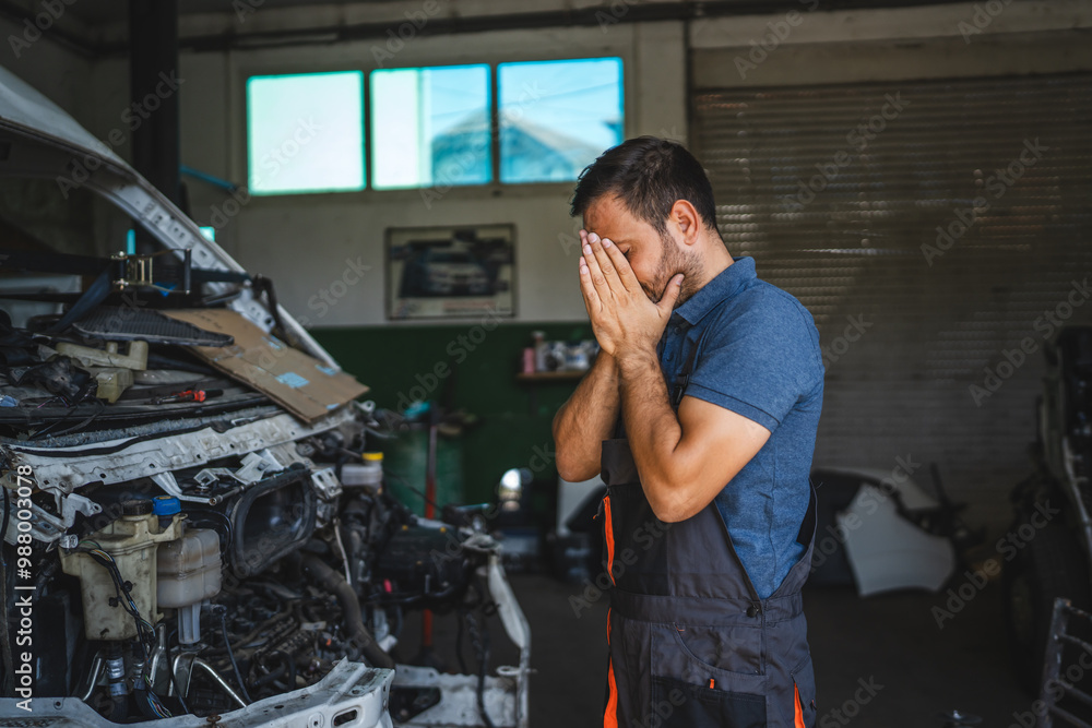 Car mechanic in a workshop look stress beside an open car hood Car mechanic in a workshop look stress beside an open car hood