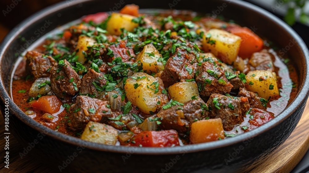 Hearty beef stew with vegetables and herbs in a rustic bowl. Hearty beef stew with vegetables and herbs in a rustic bowl.