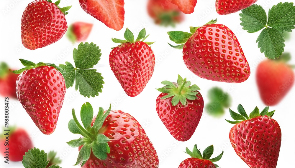 Flying juicy ripe strawberries with leaves isolated on a white background Flying juicy ripe strawberries with leaves isolated on a white background
