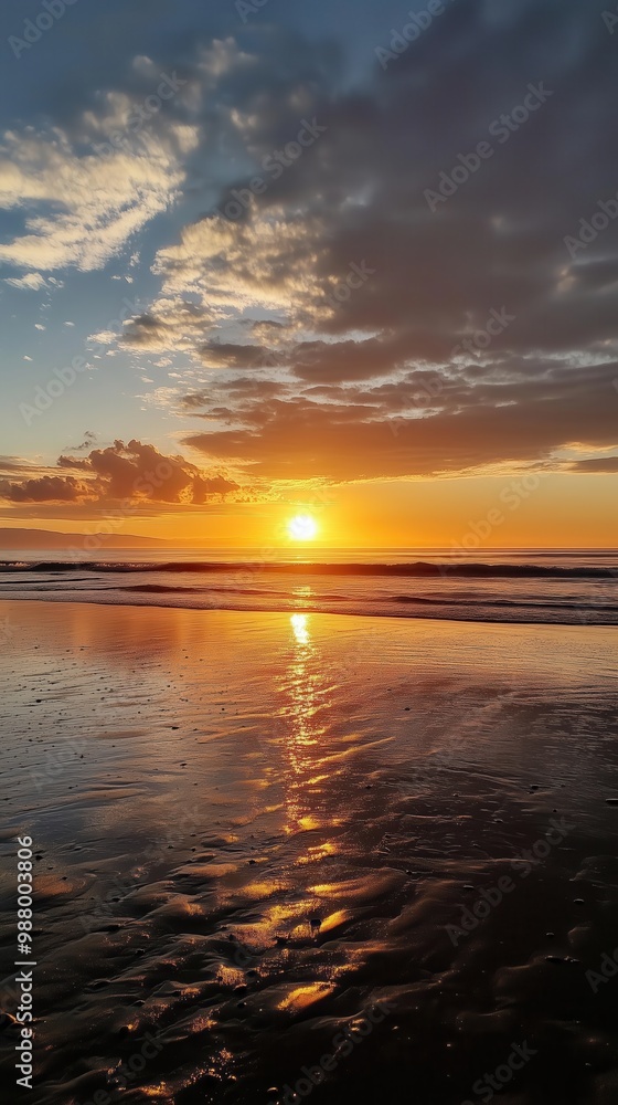 A beautiful sunset over a calm ocean with golden hues reflecting on wet sands and dispersed clouds in the sky. A beautiful sunset over a calm ocean with golden hues reflecting on wet sands and dispersed clouds in the sky.