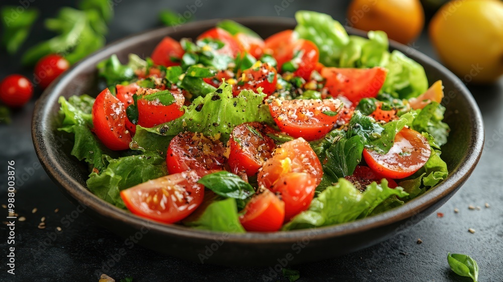 Fresh salad with tomatoes and greens, garnished with herbs. Fresh salad with tomatoes and greens, garnished with herbs.